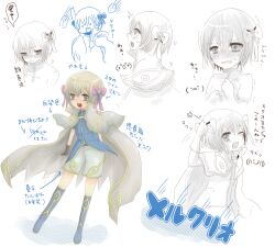 1boy ajie_(sura-kun) alternate_color blue_boots blue_shirt blush boots bow brown_gloves cape closed_eyes commentary_request full_body gloves grey_cape grey_eyes grey_hair hair_bow looking_at_viewer male_focus multiple_views open_mouth pink_bow ragnarok_online shirt short_hair shorts simple_background smile standing translation_request white_background white_shorts wizard_(ragnarok_online)