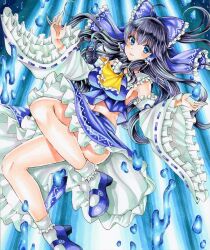 Rule 34 | 1girl, alternate color, ascot, black hair, blue background, blue bow, blue eyes, blue footwear, blue skirt, blush, bow, closed mouth, commentary request, frilled skirt, frills, full body, hair bow, hakurei reimu, high heels, kapibaradon0405, legs, long hair, looking at viewer, marker (medium), navel, ribbon-trimmed sleeves, ribbon trim, skirt, smile, socks, solo, touhou, traditional media, white socks, wide sleeves, yellow ascot
