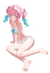 1girl absurdres aqua_bow aqua_eyes aqua_hair bikini bow breasts hair_ornament highres honkai:_star_rail honkai_(series) hyacine_(honkai:_star_rail) katal large_breasts long_hair looking_at_viewer navel parted_lips pink_hair pink_lips pom_pom_(clothes) pom_pom_hair_ornament side-tie_bikini_bottom simple_background smile solo stomach swimsuit thighs twintails white_background white_bikini