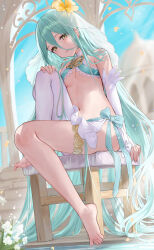 1girl alternate_costume aqua_bikini aqua_hair azura_(fire_emblem) barefoot bikini breasts day elbow_gloves fire_emblem fire_emblem_fates flower gloves hair_flower hair_ornament haru_(nakajou-28) highres jewelry knee_up long_hair navel nintendo on_stool single_thighhigh sitting sling_bikini_top small_breasts solo swimsuit thighhighs thighlet underboob veil very_long_hair water white_bikini white_gloves white_thighhighs yellow_eyes