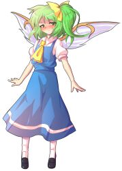 1girl alphes_(style) ascot blush bow closed_mouth commentary_request dairi daiyousei fairy_wings full-face_blush full_body green_eyes green_hair hair_bow large_variant_set long_hair looking_at_viewer parody puffy_short_sleeves puffy_sleeves shirt shoes short_sleeves side_ponytail skirt skirt_set socks solo standing style_parody tachi-e touhou transparent_background variant_set white_shirt wings yellow_ascot