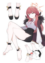 1boy 1girl absurdres ankle_bow ankle_ribbon doodle_sensei_(blue_archive) aru_(blue_archive) bare_legs barefoot black_footwear black_skirt blue_archive blunt_bangs bow breasts brown_eyes coat coat_on_shoulders collared_shirt crossed_legs eyelashes feet feet_on_chair flying_sweatdrops foot_focus full_body fur_collar gloves halo high-waist_skirt highres invisible_chair lan_mao_akko large_breasts legs licking licking_foot long_hair long_sleeves looking_at_viewer neck_ribbon no_socks parted_lips pink_hair puffy_long_sleeves puffy_sleeves red_ribbon ribbon sensei_(blue_archive) shirt side_slit simple_background sitting skirt soles spread_toes thighs toe_cleavage toenails toes tongue tongue_out white_background white_gloves