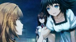 aqua_eyes arm_belt black_bow black_hair black_sash black_trim blonde_hair blue_dress blue_eyes bow breast_pocket breasts brown_hair brown_jacket chest_bow collar collarbone collared_shirt dress fingernails frilled_collar frills game_cg glasses hair_between_eyes hair_over_shoulder happy high_collar highres holding_hands huke jacket jacket_partially_removed jitome kiryuu_moeka leaning_forward long_hair looking_at_another makise_kurisu medium_breasts medium_hair necktie night night_sky non-web_source official_art on_rooftop open_mouth outdoors pink_eyes pink_frills pocket puffy_short_sleeves puffy_sleeves purple_eyes purple_trim red_necktie ringed_eyes rooftop sash shiina_mayuri shiny_lips shirt short_sleeves shorts shorts_under_dress shorts_under_skirt sky small_breasts smile square_pupils steins;gate steins;gate:_linear_bounded_phenogram surprised tareme tongue waist_sash white_shirt