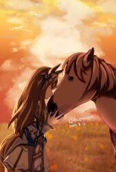 1girl absurdres animal_ears armband blue_jacket bow brown_hair closed_eyes closed_mouth cloud creature_and_personification dinosaur59487 dress ear_bow ear_ornament ear_ribbon field grass grass_wonder_(racehorse) grass_wonder_(umamusume) highres horse horse_ears horse_girl horse_tail jacket kiss long_hair long_sleeves multicolored_hair outdoors personification real_life red_armband sailor_collar sky sunset tail umamusume white_dress white_hair white_sailor_collar