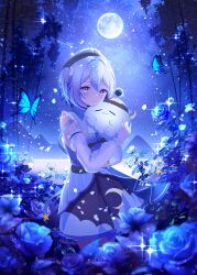 1girl absurdres black_hairband blue_butterfly blue_flower blue_hair blush bug butterfly closed_mouth commentary detached_sleeves dress flower full_moon grey_eyes hairband highres holding insect long_sleeves looking_at_viewer moon night night_sky original outdoors see-through_clothes see-through_sleeves shou_choujin_juntuan sky sleeveless sleeveless_dress smile solo star_(sky) starry_sky white_sleeves