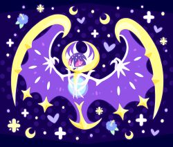 :d animal_focus blue_background blue_flower blush commentary_request creatures_(company) crescent fangs flower full_body game_freak gen_7_pokemon heart highres legendary_pokemon lunala nintendo no_humans open_mouth pokemon pokemon_(creature) pokemon_focus red_eyes skin_fangs smile tatsuo_(aro_ranotatsuo)