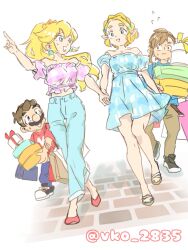 2boys 2girls bag bare_shoulders blonde_hair blue_dress blue_nails blue_pants blue_shirt box braid breasts brick_road brown_hair brown_pants couple crop_top crown crown_braid dress earrings facial_hair full_body gift gift_box hair_between_eyes highres holding_hands jewelry light_blush link long_hair looking_at_another mario mario_(series) medium_breasts midriff mini_crown multiple_boys multiple_girls mustache nail_polish nintendo off-shoulder_dress off-shoulder_shirt off_shoulder pants parted_lips pink_shirt pointing pointy_ears ponytail princess_peach princess_zelda print_shirt puffy_short_sleeves puffy_sleeves red_shirt sandals shirt shopping shopping_bag short_hair short_sleeves sidelocks sketch smile sweatdrop the_legend_of_zelda the_legend_of_zelda:_breath_of_the_wild toenail_polish toenails vko_2835