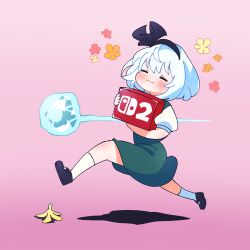banana_peel box gramgarage9 highres holding holding_box konpaku_youmu konpaku_youmu_(ghost) nintendo_switch_2 running touhou