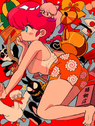 1girl anger_vein animal animal_on_head ass barefoot bird blue_eyes blush_stickers bow braid breasts cat cat_on_head chui_(weapon) coke-bottle_glasses duck dumpling feet food food_print from_side full_body glasses hand_fan heart kettle lightning_bolt_symbol medium_breasts mousse_(duck)_(ranma_1/2) noodles okamochi_(container) on_head orange_bow orange_shorts p-chan panda print_shorts ramen ranma-chan ranma_1/2 red_hair round_eyewear sanamaru_(sana79261827) saotome_genma_(panda) shampoo_(cat) shorts sparkle tank_top toes weapon white_tank_top