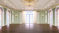 arch arched_window ballroom ceiling_light chandelier column curtains day highres no_humans non-web_source official_art our_life:_beginnings_and_always pillar reflective_floor scenery wall_lamp window window_light wooden_floor
