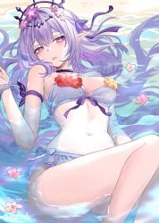 1girl afloat armband bikini black_tiara breasts castorice_(honkai:_star_rail) choker flower flower_ornament hair_flower hair_ornament honkai:_star_rail honkai_(series) long_hair medium_breasts missing_commentary navel parted_lips pointy_ears purple_armband purple_choker purple_eyes purple_hair solo stomach swimsuit ten-chan_(eternal_s) tiara twitter_username white_bikini