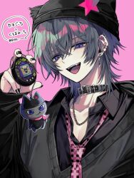 1boy animal_hat black_jacket black_nails black_shirt black_sweater_vest chain chain_necklace charm_(object) collarbone ear_piercing earrings eyes_visible_through_hair fangs grey_hair hair_over_eyes hat highres holding holding_charm jacket jewelry kuromametchi leather_collar looking_at_object male_focus medium_hair necklace necktie open_clothes open_mouth open_shirt pierced_hat piercing pink_necktie purple_eyes rip2 shirt solo sweater_vest tamagotchi tamagotchi:_happiest_story_in_the_universe! tamagotchi:_the_movie tamagotchi_connection tamagotchi_id teeth upper_teeth_only wolf_cut