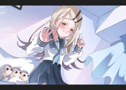 1girl absurdres blonde_hair blue_neckerchief blue_sailor_collar blue_skirt blush character_doll commentary_request curtains ear_cleaning earrings from_below gakuen_idolmaster hair_ornament hairclip high-waist_skirt highres idolmaster indoors jewelry long_hair long_sleeves looking_at_viewer neckerchief open_mouth orange_eyes pleated_skirt sailor_collar shinosawa_hiro shirt sidelocks signature sitting skirt sleeves_past_wrists smile solo swept_bangs teeth vtitalianlion46 white_shirt wind