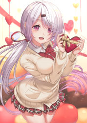 1girl :d bow box breasts brown_cardigan cardigan collared_shirt commentary_request dress_shirt gift gift_box grey_hair hair_ornament hair_over_one_eye hairclip hands_up heart heart-shaped_box highres holding holding_gift kamome_yuu long_hair long_sleeves low_ponytail medium_breasts nijisanji open_mouth plaid_clothes plaid_skirt pleated_skirt ponytail purple_eyes purple_hair red_bow red_skirt school_uniform shiina_yuika shiina_yuika_(1st_costume) shirt skirt sleeves_past_wrists smile solo valentine very_long_hair virtual_youtuber white_shirt