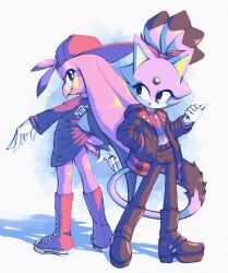 2girls :&lt; alternate_costume animal_ears animal_nose arm_at_side back-to-back backwards_hat baseball_cap beak bird_tail black_footwear black_jacket black_pants blaze_the_cat blue_background body_fur boots bottomless casual cat_ears cat_girl cat_tail closed_mouth colored_tips converse crop_top female_focus flat_chest forehead_jewel from_behind full_body furry furry_female gem gloves hair_through_headwear hair_tie half-closed_eyes hand_in_pocket hand_up happy hat highres jacket knee_boots long_hair long_sleeves looking_at_another looking_at_viewer looking_back multicolored_hair multiple_girls nano_(nanolovesyou) open_clothes open_jacket outstretched_arm oversized_clothes oversized_shirt pants purple_fur purple_hair red_footwear red_gemstone red_headwear red_shirt shirt short_hair smile sonic_(series) standing star_(symbol) tail thighs topknot two-tone_fur very_long_hair wave_the_swallow white_fur white_gloves yellow_eyes zipper zipper_pull_tab
