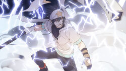 1boy aotu_world asymmetrical_gloves bandana black_gloves black_hair black_pants black_shirt black_shoes brown_gloves chinese_commentary drawstring electricity electrokinesis fingerless_gloves gloves glowing hair_between_eyes hammer headband highres holding holding_hammer holding_weapon hood hood_down hooded_jacket jacket lightning male_focus multicolored_gloves open_mouth pants pointy_ears purple_eyes ray_(aotu_world) shirt shoes short_sleeves smile smoke solo spiked_hair star_(symbol) star_print teeth weapon white_gloves white_headband white_jacket zhao_yi