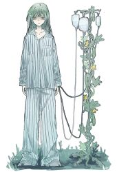 1girl alternate_costume bags_under_eyes bang_dream! bang_dream!_it&#039;s_mygo!!!!! blue_pants blue_shirt chara_tomato52 closed_mouth cucumber_plant full_body green_hair hair_ornament hairclip highres hospital_gown intravenous_drip long_hair long_sleeves looking_at_viewer pajamas pants plant shirt sidelocks simple_background solo standing striped_clothes striped_pants striped_shirt vertical-striped_clothes vertical-striped_pants vertical-striped_shirt wakaba_mutsumi white_background yellow_eyes