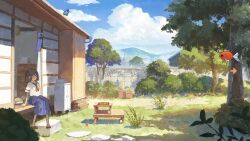 1girl arrow_(symbol) backyard brown_hair bubble bush commentary_request day fish fjsmu flying_fish highres neckerchief original outdoors plant pleated_skirt potted_plant sailor_collar scenery school_uniform serafuku shirt short_hair sitting skirt solo tree wind_chime