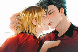 2boys bishounen black_hair blonde_hair blush collar eyelashes gradient_hair haikyuu!! hand_on_another&#039;s_head highres holding holding_collar kozume_kenma kuroo_tetsurou licking_lips looking_at_another male_focus multicolored_hair multiple_boys nekoma_volleyball_uniform prairpaints red_shirt shirt short_hair simple_background sportswear teeth tongue tongue_out twitter_username volleyball_uniform white_background yaoi yellow_eyes