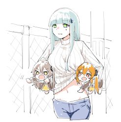 3girls aged_down angry aqua_hair carrying carrying_under_arm chibi clothes_lift commentary_request denim facial_mark fence girls&#039;_frontline green_eyes grey_hair hair_ornament highres hk416_(girls&#039;_frontline) holding jeans long_sleeves multiple_girls navel open_mouth orange_eyes orange_hair pants shinoe_nun shirt_lift side_ponytail sketch sweater teardrop turtleneck ump45_(girls&#039;_frontline) ump9_(girls&#039;_frontline) yellow_eyes