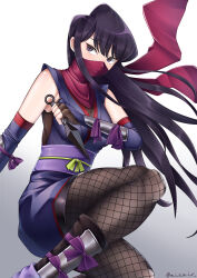 1girl arm_guards artist_name breasts fishnet_pantyhose fishnets highres holding holding_kunai holding_weapon japanese_clothes komi-san_wa_komyushou_desu komi_shouko kunai kutsuda_miru looking_at_viewer mask medium_breasts ninja pantyhose purple_eyes purple_hair purple_scarf reverse_grip scarf solo weapon