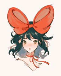 1girl artist_name black_hair blunt_bangs blush bow brown_eyes choker commentary english_commentary hair_bow highres kiki_(majo_no_takkyuubin) looking_to_the_side majo_no_takkyuubin medium_hair open_mouth portrait red_bow ribbon_choker simple_background solo vicki_tsai