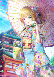 Rule 34 | 1boy, blue sky, blush, building, flower, flower on head, hair between eyes, hair bun, hair ornament, hakama, hand fan, highres, holding, holding fan, japanese clothes, jewelry, kimono, long hair, looking at viewer, natsusora wakana, novady, orange eyes, orange hair, original, ring, shiny skin, sky, standing, trap, tree