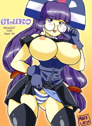 1girl breasts breasts_out glasses gluko large_breasts mon_colle_knights panties purple_eyes purple_hair rokumon_tengai_mon_colle_knight simple_background tagme underwear
