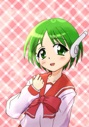 1girl blush collarbone dot_nose feet_out_of_frame female_focus green_eyes grey_hair jaichiforest long_sleeves looking_at_viewer medium_hair multi_(to_heart) open_mouth red_sailor_collar robot_ears robot_girl sailor_collar school_uniform serafuku shirt solo standing to_heart to_heart_(series) upper_body