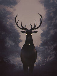 1other animal antlers deer dim_lighting dkaism fog forest glowing glowing_eyes greyscale hole_in_chest hole_on_body horns looking_at_viewer monochrome nature original painterly solo third_eye_on_chest tree