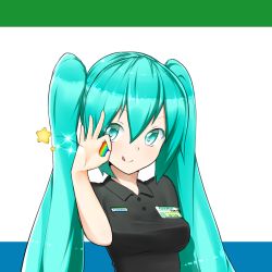 1girl :q aqua_eyes aqua_hair blush breasts employee_uniform familymart female_focus hatsune_miku id_card licking_lips long_hair looking_at_viewer medium_breasts ninnzinn rainbow short_sleeves smile solo sparkle star_(symbol) tongue tongue_out twintails upper_body vocaloid