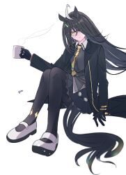 Rule 34 | 1girl, ahoge, animal print, artist name, black coat, black gloves, black hair, black pantyhose, black skirt, black vest, cat print, closed mouth, coat, collared shirt, cup, expressionless, gloves, hair over one eye, hem peeking out, highres, holding, holding cup, kuro sato, long bangs, long hair, long sleeves, looking at viewer, manhattan cafe (umamusume), mug, multicolored hair, necktie, on ground, open clothes, open coat, pantyhose, pleated skirt, shirt, shoes, signature, simple background, sitting, skirt, solo, steam, umamusume, very long hair, vest, white background, white hair, white shirt, white shoes, yellow eyes, yellow necktie