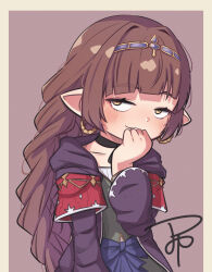 Rule 34 | 1girl, border, braid, brown hair, choker, coat, collarbone, commentary request, flat chest, granblue fantasy, haaselia, hair intakes, hand to own mouth, harvin, highres, juliet sleeves, long hair, long sleeves, looking at viewer, patotyan, pointy ears, puffy sleeves, purple background, purple coat, signature, smile, solo, tiara, upper body, very long hair, white border, yellow eyes