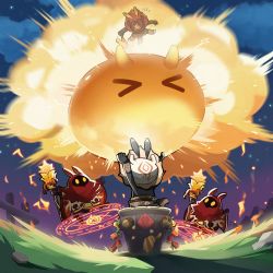 &gt;_&lt; abyss_mage_(genshin_impact) black_skin chibi colored_skin genshin_impact highres hilichurl_(genshin_impact) jueyun_chili_pepper_(genshin_impact) mask night night_sky official_art sky slime_(creature) slime_(genshin_impact) tribal