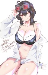 1girl abrokedrawer absurdres ahoge black_bra black_hair bra goggles goggles_on_head grace_howard hair_between_eyes highres looking_at_viewer medium_hair navel red_eyes shirt simple_background single_bare_shoulder sitting solo stomach thighs underwear white_background white_shirt zenless_zone_zero