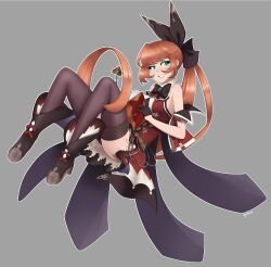 Rule 34 | 1girl, bare shoulders, belt, black boots, black bow, black gloves, black pantyhose, book, boots, bow, brown belt, chest belt, clarisse (granblue fantasy), dress, gallaxi, gem, gloves, granblue fantasy, green eyes, grey background, hair bow, highres, holding, holding book, light blush, long hair, looking to the side, orange hair, outline, pantyhose, red dress, sidelocks, simple background, skirt, smile, solo, teeth, very long hair, white outline