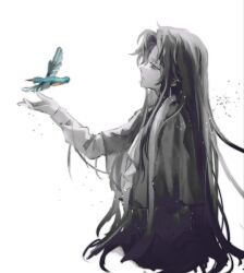 1other absurdly_long_hair ascot bird buttons capelet clause_(len&#039;en) coat cropped_torso from_side greyscale half-closed_eyes highres kingfisher layered_sleeves len&#039;en light_particles long_hair long_sidelocks long_sleeves looking_at_animal monochrome other_focus outstretched_hand parted_lips pointy_nose sick sidelocks simple_background sleeve_cuffs solo spot_color very_long_hair white_background yinyong_yu