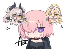 3girls angel_and_devil azu_(kirara310) bikini blonde_hair chibi demon_horns demon_tail demon_wings drooling fate/grand_order fate_(series) green_eyes grey_hair hair_over_one_eye halo horns jeanne_d&#039;arc_(fate) lilith_(fate) mash_kyrielight metatron_jeanne_(fate) mouth_drool multiple_girls pink_hair purple_eyes saint_quartz_(fate) signature swimsuit tail twintails wings x_navel