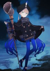 1boy androgynous armor astg beach black_cape black_jacket black_shoes black_turban blue_background blue_hair blue_pantyhose blunt_bangs bow brown_hair brown_shorts buttons cape cape_lift captain_nemo_(fate) captain_nemo_(third_ascension)_(fate) chain closed_mouth cloud conch double-breasted fate/grand_order fate_(series) footwear_bow full_body game_cg gradient_hair green_eyes hands_up hat_feather high_collar high_heels holding horizon jacket leg_up long_hair looking_at_viewer low_twintails male_focus multicolored_hair nemo_(fate) night night_sky object_request official_art pantyhose pantyhose_under_shorts seashell shell shoes short_shorts shorts sidelocks sky sleeves_past_wrists smile solo standing standing_on_one_leg star_(sky) stiletto_heels third-party_source twintails variant_set very_long_hair waves