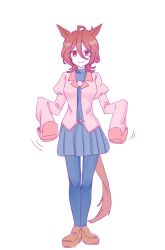 1girl absurdres agnes_tachyon_(umamusume) ahoge animal_ears black_necktie black_pantyhose black_shirt brown_hair brown_shoes closed_mouth cosplay full_body grey_skirt hair_between_eyes highres horse_ears horse_girl horse_tail juliet_sleeves loafers long_sleeves looking_at_viewer monogatari_(series) necktie oshino_ougi oshino_ougi_(cosplay) owarimonogatari pantyhose pink_shirt pleated_skirt puffy_sleeves red_eyes seila_rei shirt shoes simple_background skirt sleeves_past_fingers sleeves_past_wrists smile solo standing tail thigh_gap umamusume undershirt white_background