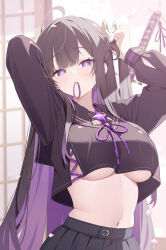 1girl adjusting_hair black_sailor_collar black_serafuku black_skirt breasts chitose_(stella_sora) colored_inner_hair commentary crop_top deyui english_commentary highres large_breasts mole mole_under_eye multicolored_hair navel purple_eyes purple_hair purple_ribbon ribbon sailor_collar school_uniform serafuku skirt solo stella_sora stomach underboob