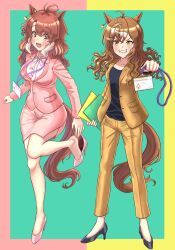 Rule 34 | 2girls, 418tiger, :o, absurdres, ahoge, animal ears, black shirt, black shoes, blush, breasts, brown eyes, brown hair, brown jacket, brown pants, commentary, dantsu flame (umamusume), folder, formal clothes, full body, green background, high heels, highres, holding, holding folder, horse ears, horse girl, horse tail, id card, jacket, jungle pocket (umamusume), large breasts, looking at viewer, multicolored hair, multiple girls, notched ears, official alternate costume, pants, pink jacket, pink shoes, pink skirt, pumps, shirt, shoes, simple background, skirt, skirt suit, standing, streaked hair, suit, tail, two-tone border, umamusume, wavy hair, white hair, white shirt