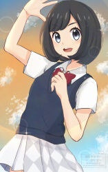 1girl :d alternate_costume aoneko4ao_(edwf7745) black_hair bow bowtie collared_shirt commentary_request eyelashes grey_eyes happy highres nintendo open_mouth pleated_skirt pokemon pokemon_sm red_bow red_bowtie selene_(pokemon) shirt short_sleeves skirt smile solo sparkle teeth upper_teeth_only vest watermark white_shirt