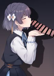 0haribo0 1boy 1girl absurdres bar_censor black_skirt black_vest blue_hair blush censored closed_eyes commentary_request erection flower from_side gakuen_idolmaster hair_flower hair_ornament hataya_misuzu hetero highres idolmaster kissing_penis large_penis penis shirt short_hair skirt veins veiny_penis vest white_shirt