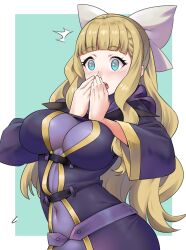 1girl aqua_eyes blonde_hair blush breasts charlotte_(fire_emblem) cosplay covered_navel covering_own_mouth fire_emblem hair_ribbon highres kono_subarashii_sekai_ni_shukufuku_wo! large_breasts long_hair nintendo open_mouth ribbon solo surprised teeth tongue very_long_hair wide-eyed wiz_(konosuba)
