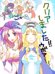 1980s_(style) bandana bare_shoulders blonde_hair blue_eyes bra breasts cape cleavage dress closed_eyes final_fantasy final_fantasy_ii hat hilda_(ff2) jewelry leila lingerie long_hair minwu necklace open_mouth purple_hair underwear