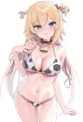 1girl akai_haato animal_ears animal_print bell bikini blonde_hair blue_eyes blush breasts cleavage closed_mouth collar collarbone commentary_request cow_print cow_print_bikini cowbell cowboy_shot fake_animal_ears hair_ornament hololive kanzarin large_breasts long_hair looking_at_viewer navel neck_bell one_side_up print_bikini red_collar simple_background smile solo stomach swimsuit thighs virtual_youtuber white_background