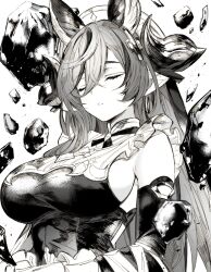 Rule 34 | 1girl, animal ears, breasts, closed eyes, detached sleeves, extra ears, frills, galleon (granblue fantasy), granblue fantasy, highres, horns, huge breasts, monochrome, monogrbl, pointy ears, solo
