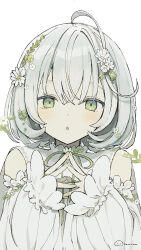 1girl :o ahoge bob_cut cape choppy_bangs close-up collar crossed_bangs detached_sleeves dress flower frilled_collar frilled_sleeves frills green_hair green_nails green_ribbon green_trim hair_between_eyes hair_flower hair_ornament hairclip highres kumorimuu leaf_hair_ornament neck_ribbon original own_hands_together parted_lips puffy_sleeves ribbon short_hair sleeveless sleeveless_dress solo white_background white_cape white_dress white_flower