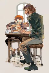 2boys black_shoes bread brown_hair child cuno cup disco_elysium drinking_glass eating food full_body green_jacket harry_du_bois highres holding holding_cup jacket male_focus mr_sangel multiple_boys orange_hair pants shoes short_hair sideburns sitting stool table white_pants window
